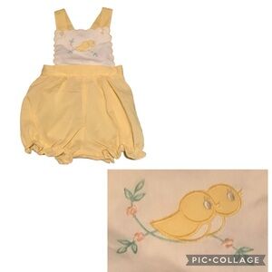 Vintage Embroidered Bird Bubble Romper Yellow White Green Size 6-9 Months